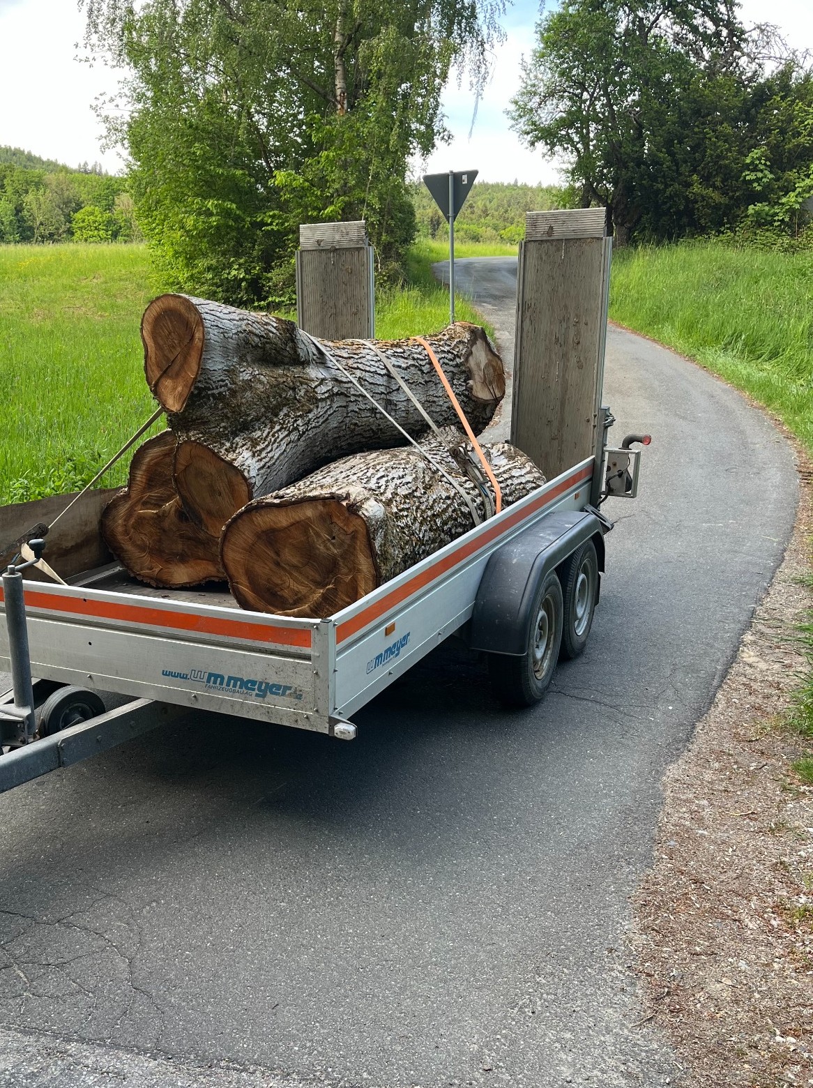 Regional geschlagenes Stammholz auf einem Anhänger in der bayerischen Landschaft